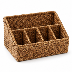 Panier de rangement rectangulaire en jonc de mer tressé à la main personnalisable avec 4 compartiments, organisateur de bureau minimaliste et durable à un seul niveau - Product Image 1