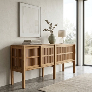 Modern Solid Wood Slatted <b>Sideboard</b> Cabinet Elegant <b>Storage</b> Furniture For Rustic Contemporary Living Room And Dining Room Decors - Product Image 3