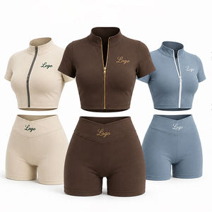 Custom Logo Summer Women's Sportswear <b>Set</b> 3-Piece Zipper Embroidered Solid Sleeveless Yoga Jacket <b>Short</b> <b>Tops</b> Polyester/Cotton - Product Image 2
