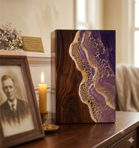 Wood <b>Memorial</b> Photo Frame Resin Urn <b>Keepsake</b> Box Purple Gold Ripple Funeral Tribute Decor - Product Image 3