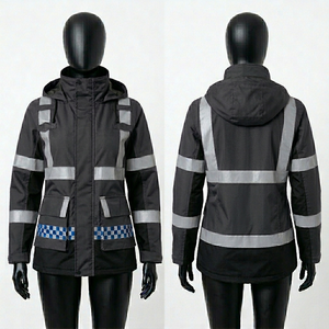 Womens Security <b>Jacket</b> 330 GSM Twill Polyester Cotton Maroon Black Panel Hooded <b>Reflective</b> Tape Woven Logo - Product Image 4
