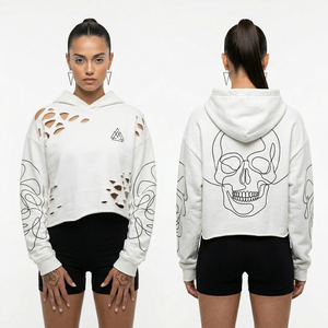 Sudadera Corta Blanca para Mujer con Diseño Desgastado, Estampado de Calavera Minimalista con Líneas Artísticas, Hombros Recortados, Estilo Streetwear Personalizado - Product Image 1
