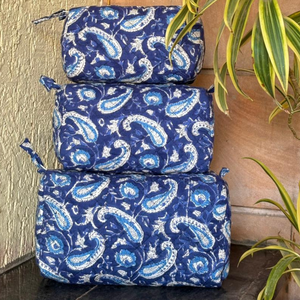 Bohemian Paisley Jaipur Hand Block Print Quilted Cotton Cosmetic Bag Set Zip Closure Travel Storage Gifting Daily Use <b>Men</b> Women - Product Image 1
