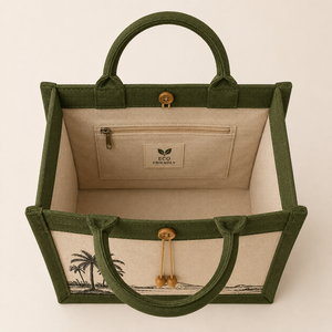 Sac fourre-tout vert en jute et coton laminé, imprimé palmiers, écologique, réutilisable, pour courses, exposition, avec poignées en corde - Product Image 4