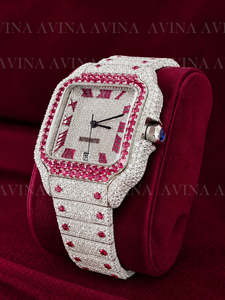 Reloj de Lujo con Diamantes de Moissanita Rosa Rubí para Mujer, Estilo Hip Hop, Completamente Cubierto de Diamantes, Esfera Cuadrada con Números Romanos, Correa de Acero Inoxidable - Product Image 4