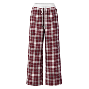 Pantalon de détente à jambes larges pour femmes, à carreaux rouge et noir, avec taille haute élastique, cordon de serrage et poches latérales, vêtement de nuit décontracté - Product Image 1