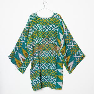 Bata Kantha Reversible Hecha a Mano, Multicolor, Vintage, de Algodón Puro, en Elegante Color Verde Azulado, Chaqueta de Invierno Multicolor - Product Image 3