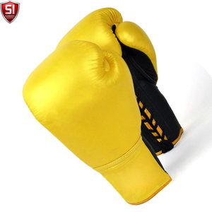SUMROOS INDUSTRY <b>Yellow</b> Boxing Gloves Leather <b>Lace</b>-Up Adjustable Wrist Strap Durable Training Gear - Product Image 2