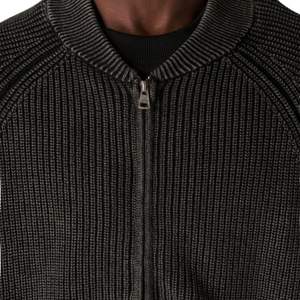 Chaqueta Bomber de Punto Acanalado Negra Lavada para Hombre, Chaqueta Bomber Casual con Cremallera, Puños y Dobladillo Acanalados, Chaqueta de Moda - Product Image 3