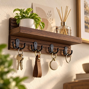 Wooden Wall Mounted <b>Key</b> <b>Holder</b> with Shelf and Hooks Entryway Organizer <b>Key</b> Rack Mail Storage Rustic <b>Home</b> Decor - Product Image 3