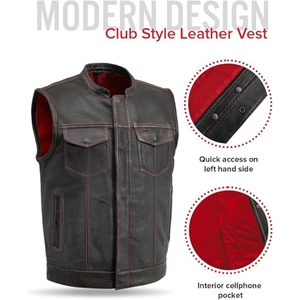 Gilet de club de motard en cuir de vachette véritable perforé sur mesure avec surpiqûres rouges, dissimulé, OEM ODM - Product Image 2