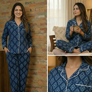 Indigo Cotton Two Piece Pajama Set <b>for</b> <b>Women</b> Hand Block Printed Lounge Wear Bulk Supplier India Export - Product Image 4