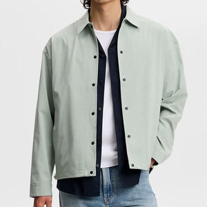 Men's Light Green Cotton Shirt Jacket Casual Turn-down Collar Regular Sleeve Solid Color Single Breasted Loose Fit Spring Wear - Product Image 4