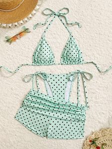 Women's <b>Bikini</b> with Shorts Plus Size Halter Swimwear Custom Logo Beachwear Two Piece With Shorts Drawstring Swimwear Bathing Set - Product Image 3