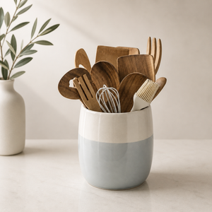 Porte-ustensiles contemporain en céramique grès, finition lisse, glaçure bicolore, haute résistance, résistant à la chaleur, organisateur de cuisine - Product Image 1