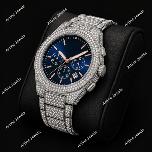 Montre chronographe à cadran bleu avec diamants, montre de luxe en acier inoxydable, accessoire de mode pour homme - Product Image 2