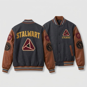 Blouson universitaire Stalwart vert et noir en cuir PU unisexe, décontracté, pour l'hiver, col montant, simple boutonnage, logo géométrique, respirant - Product Image 4