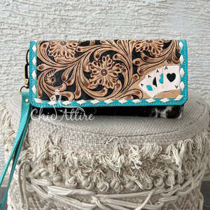 New Handmade Western Hand <b>Tooled</b> <b>Leather</b> Floral & Playing Card Pattern Wallet Cowhide Genuine <b>Leather</b> Wristlet Clutch for Women - Product Image 1