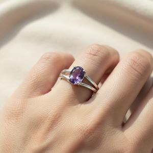 Bague en argent sterling 925 avec améthyste naturelle ovale, double halo, sertissage minimaliste à griffes, certifiée par un tiers, pour mariage, style chrétien - Product Image 6