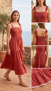 Striped Tiered Casual Daily <b>Summer</b> 100% Cotton Woven Digital Printed A-Line Maxi <b>Dress</b> <b>with</b> <b>Pockets</b> Sleeveless Straight Hem - Product Image 4