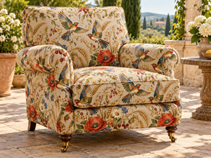 Tela de Tapicería con Estampado de Aves y Flores, Fondo Crema con Patrón de Amapola y Trigo, para Reupolstería de Sillas - Product Image 3