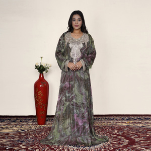 Premium Zill Mill Embroidery Neck Loose Fit Floor Length Luxury Arabic Kaftan Abaya <b>Dress</b> <b>for</b> Women Modest Islamic Party Wear - Product Image 1