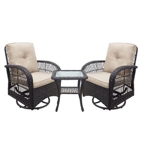 Ensemble de chaises pivotantes à 360 degrés en osier, table de bistrot en rotin pour patio extérieur avec coussins, mobilier de jardin brun foncé - Product Image 2