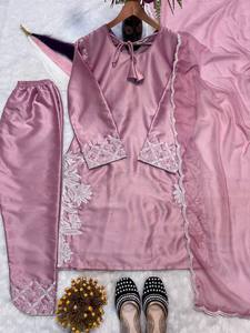 Women Traditional Indian <b>Salwar</b> Kameez Silk Embroidered Kurta With Pant Floor-Length Loose Fit Wedding Wear For Adults - Product Image 4