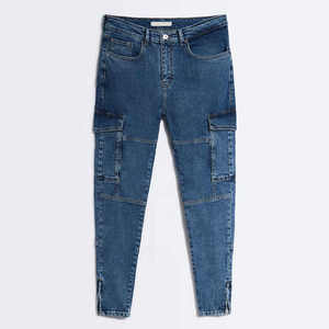 <b>High</b> <b>Waist</b> Slim Fit Cargo Denim <b>Jeans</b> <b>Men</b> Solid Blue Utility Style Midweight Cotton Autumn Wear - Product Image 1