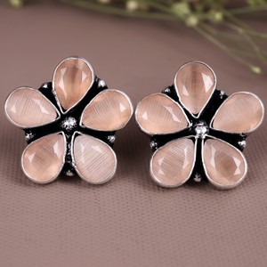 Pendientes de botón bohemios con flor de gema de melocotón, engaste de latón chapado en plata antigua, joyería de moda para mujer, para compromiso - Product Image 2