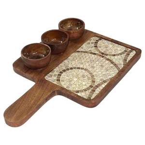 Elegant Wooden Party Serving Tray with 3 <b>mini</b> bowl Decorative Tile Centerpiece and Wooden Bowls for Snacks and Sauces - Product Image 4