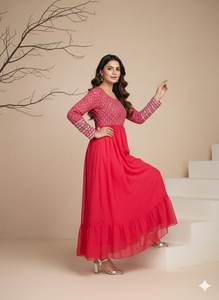 Vestido Anarkali de Georgette Rosa Bordado, Manga Larga, Cuello Barco, Largo, para Fiestas, Completamente Cosido, Vestido Étnico - Product Image 2