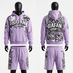 Conjunto de sudadera con capucha y pantalones cortos de algodón polar premium para hombre, 320 GSM, diseño con paneles morados, logotipo personalizado con estampado en relieve. - Product Image 6