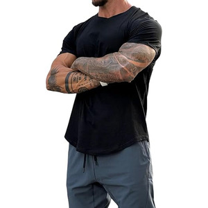 T-shirt noir à manches courtes pour homme, coupe ajustée, col rond, en jersey de coton, décontracté, uni, respirant, longueur standard - Product Image 1