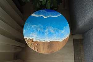 Round Beach Inspired <b>Epoxy</b> <b>Resin</b> Wood <b>Table</b> Handmade Coastal Accent <b>Table</b> Custom Luxury Living Room Furniture - Product Image 1