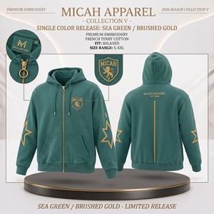 Premium French Terry Cotton Full Zip <b>Winter</b> <b>Hoodie</b> Custom Star Embroidery Lion Shield Crest Oversized Fit Multi-Color Solid - Product Image 6
