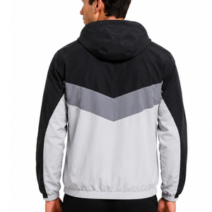 Veste coupe-vent pour homme sur mesure OEM, fermeture éclair intégrale, noir et gris contrastés, trois couleurs, veste de sport légère à capuche - Product Image 4