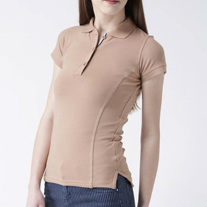 เสื้อโปโลผู้หญิงสีเบจ ผ้าฝ้ายถัก 100% แขนสั้น สีพื้น สไตล์ลำลอง ความยาวปกติ - Product Image 5