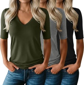 Soft Lightweight Plain V-Neck Regular Top Women's Summer Regular Apparel Short Sleeve - Product Image 3