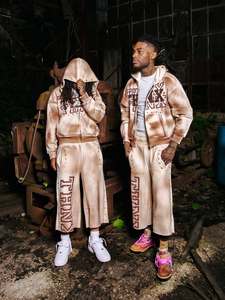 Men's Vintage Washed Zip up Hoodie and Shorts Oversized Tracksuit With Applique <b>Embroidery</b> and Rhinestone Detail Casual Cotton - Product Image 5