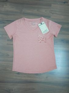 Camiseta Rosa de Manga Corta con Cuello en V y Bolsillo, Top Informal para Mujer, Primavera Verano, Transpirable, de Algodón Tejido, Corte Regular - Product Image 1