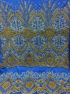 Elegante Tela Azul de Oriente Medio con Cuentas y Pedrería Bordada, Ecológica, para Vestimenta Tradicional, Patrón Floral, Tafetán de Seda para Mujer - Product Image 2