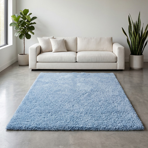Tapis d'intérieur moderne en laine pelucheuse bleu clair uni, tufté à la main, à poils moyens, doux, texturé, antidérapant, pour chambre et salon - Product Image 4