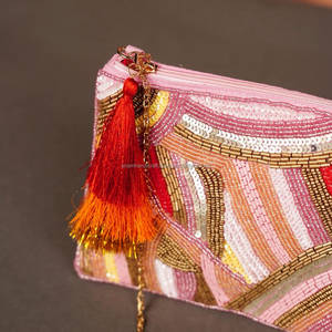 Pochette brodée de perles, durable, résistante à l'eau, avec bouton, chaîne à pompon, motif géométrique, style bohème, pour femme, idéale pour les soirées - Product Image 2