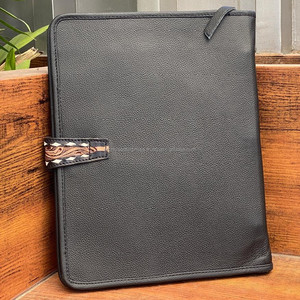 Custom A4 Size Hand Tooled Genuine Quilted Leather Business Padfolio High Quality Cowhide Leather Interview Zippered Ring Binder - Product Image 5