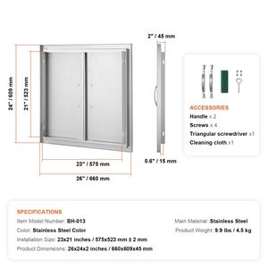 26W X 24H Inch Double Stainless Steel Flush Mount Outdoor Kitchen Door with Vertical Handles <b>BBQ</b> Access Accessories - Product Image 3