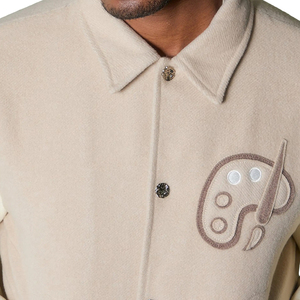 Custom Beige Wool Varsity Jacket Men Custom Embroidery Letterman Jacket Contrast Sleeves <b>Button</b> Up Winter Fashion Streetwear - Product Image 6
