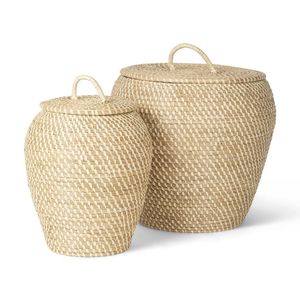Boîte de rangement ronde en rotin naturel et jute de qualité supérieure, panier tissé à la main avec couvercle pour le rangement des vêtements et des jouets - Product Image 2