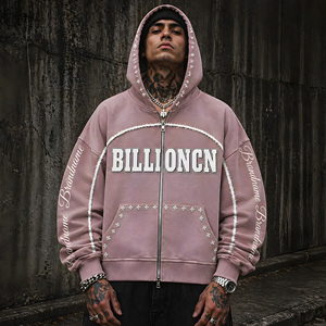 <span class=keywords><strong>Sweat</strong></span> <span class=keywords><strong>à</strong></span> <span class=keywords><strong>capuche</strong></span> zippé pour homme, coupe ample, 100% coton, style streetwear épais, avec motif graphique sur les manches, effet vieilli et délavé vintage, avec logo <span class=keywords><strong>personnalisé</strong></span> - Product Image 3