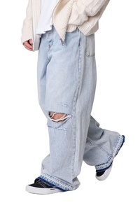 Jean en denim déchiré bleu moyen pour homme, 100 % coton, taille mi-haute, coupe ample décontractée, style streetwear vintage - Product Image 3